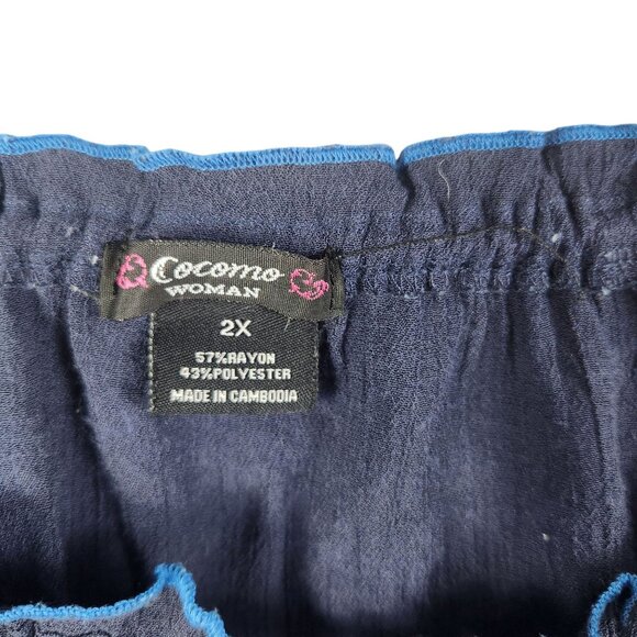 Cocomo Woman Navy Blue Embroidered Peasant Blouse 2X 3/4 Sleeves Gauze - Picture 4 of 5